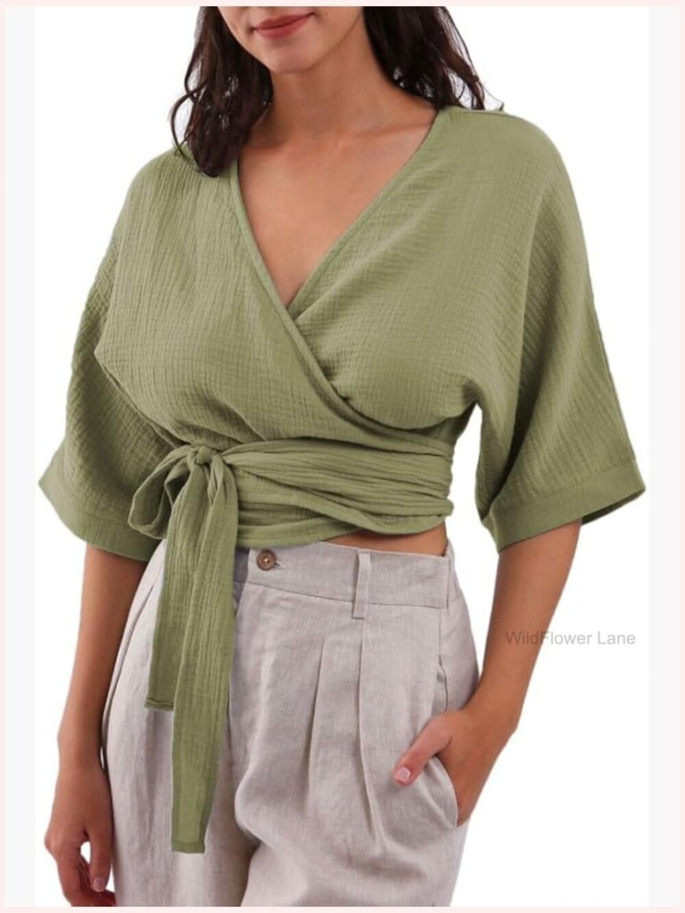 Women's Cotton Gauze Crop Blouse V Neck Self Tie Wrap Top